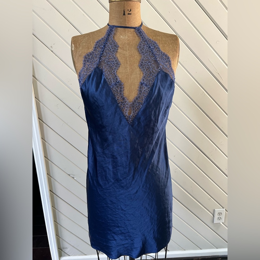 Vintage Victoria Secret Navy Blue Satin & Lace Adjustable Lingerie Size Large